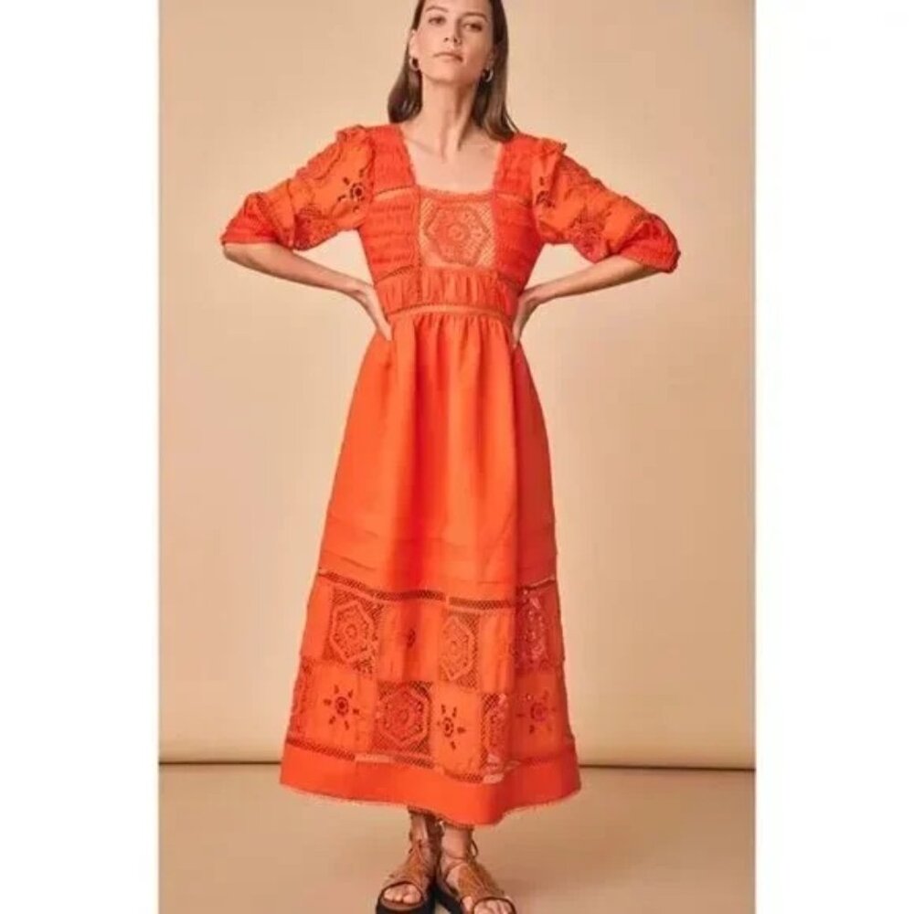 Hunter Bell Rowe Dress Crochet Lace Linen Blend‎ Midi Puff Sleeve Square Neck